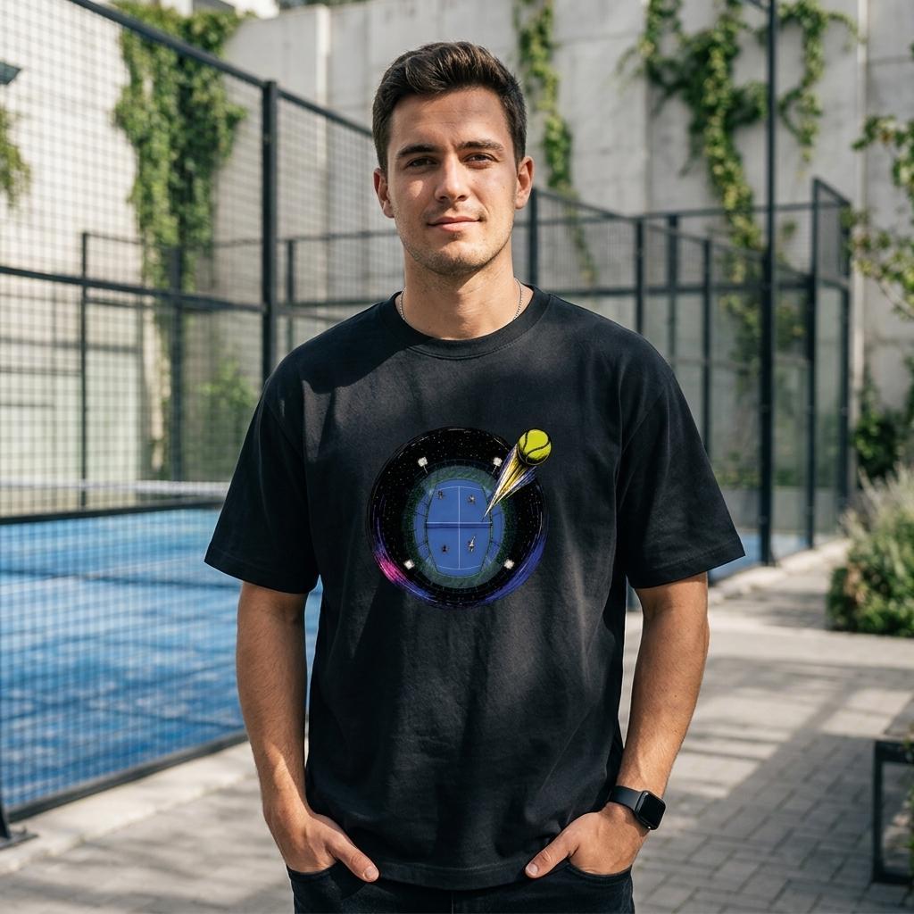 A man stands in front of a padel court wearing a tshirt with an illustration of a top-down view on a court with a ball that flies out