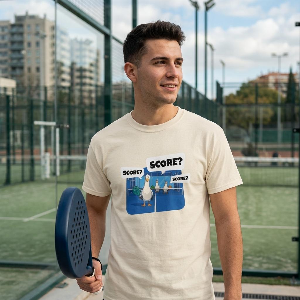 A man stands in front of the padel court. He wears a t-shirt with an illustration of thre seagulls all looking at the viewer with a question: 'Score? Score? Score?'